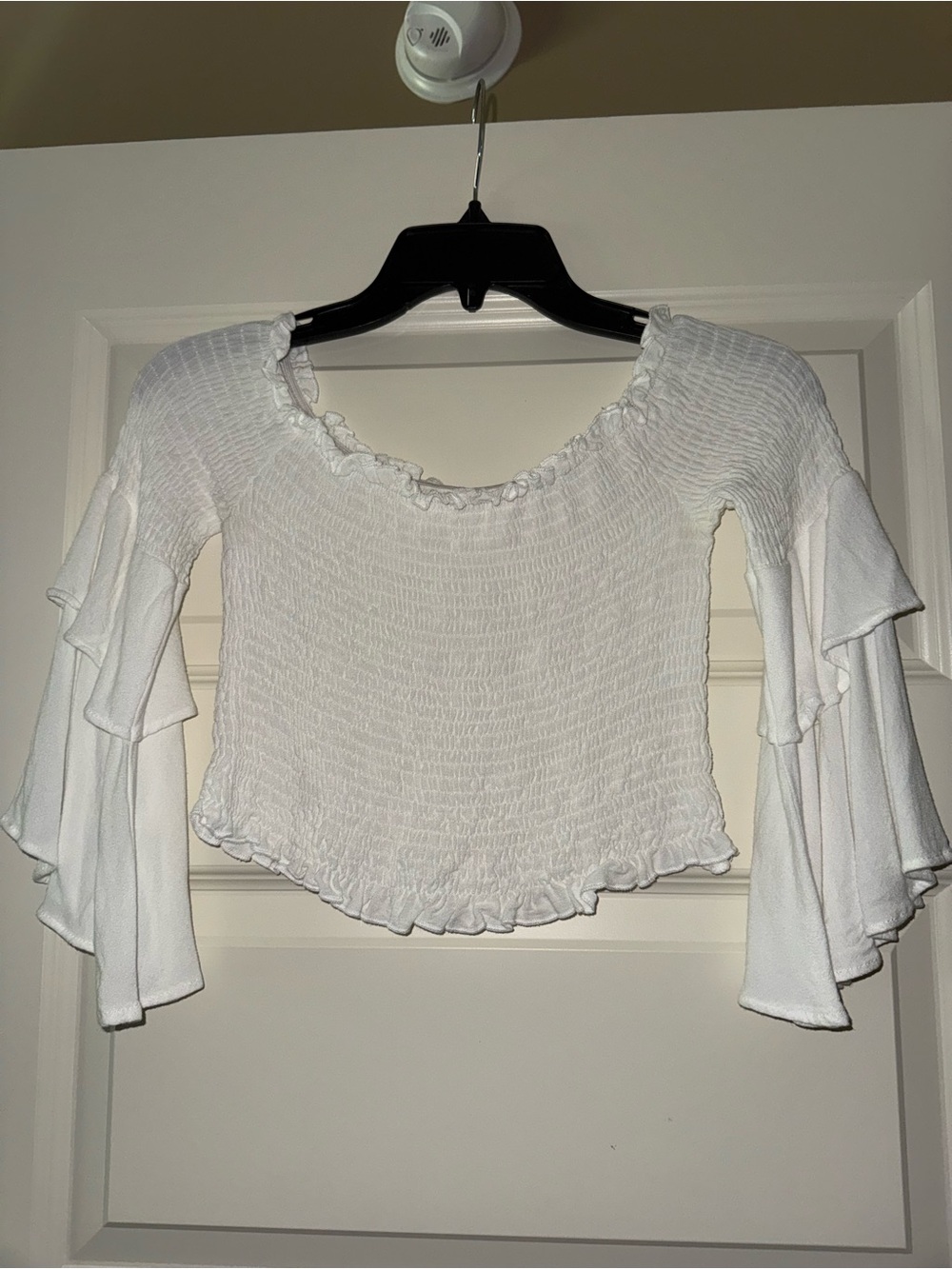 Women's White Smocked Bell Sleeve Off the Shoulder Crop Top
